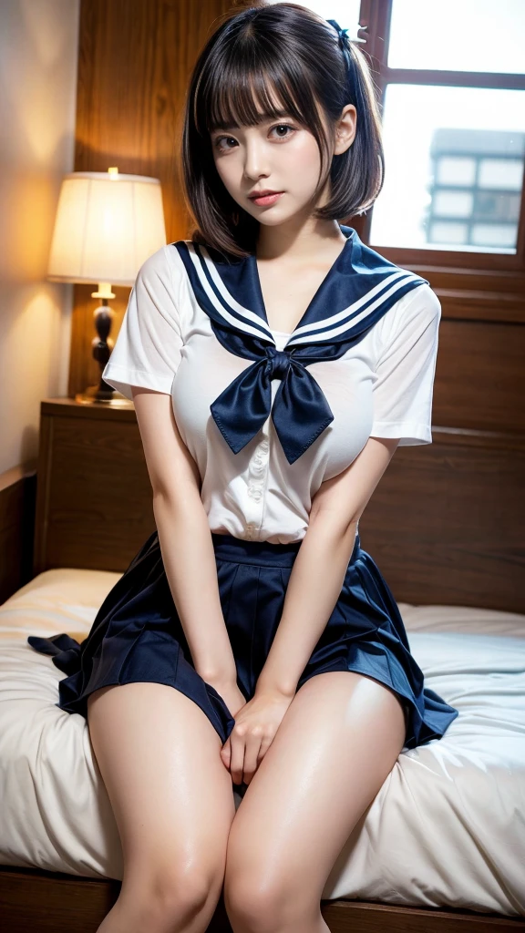 masterpiece, best quality, illustration, Super detailed, fine details, High resolution, 8K,wall paper, perfect dynamic composition,(Details High quality, realistic depiction of eyes:1.3), Black Sailor Uniform, serafuku, Navy pleated skirt, huge breasts, short bob hair, black hair color, Big Natural Color Lip, bold sexy pose, crying a little、 Harajuku style、20 year old girl、cute type、lolita、beautiful legs, hotel room, full body photo、focus on crotch, hposing Gravure Idol