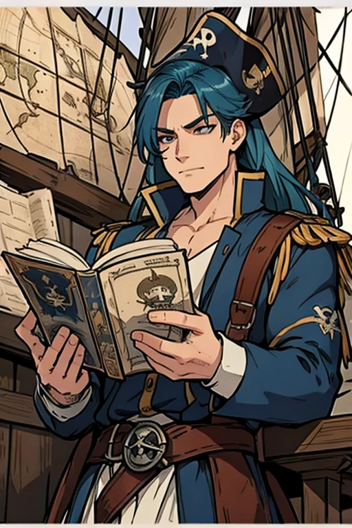 A muscular blue haired man with gray eyes and long hair in a pirate's outfit is reading a map on a pirate ship