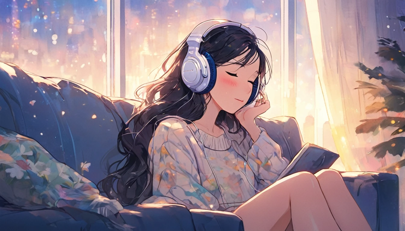 (Highest quality), 1 girl, Sitting on the couch, listen to music, close your eyes, Headphones, In front of the window, night, relax