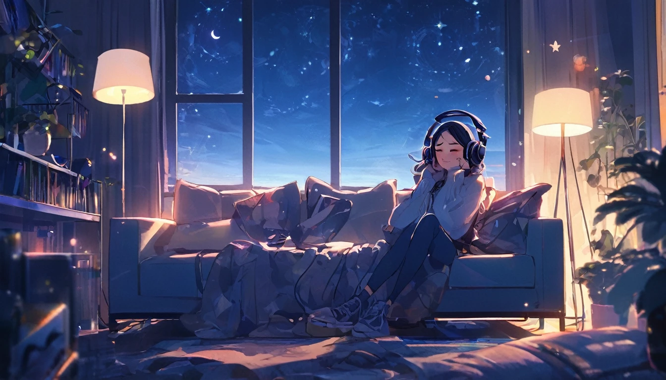 (Highest quality), 1 girl, Sitting on the couch, listen to music, close your eyes, Headphones, In front of the window, night, relax