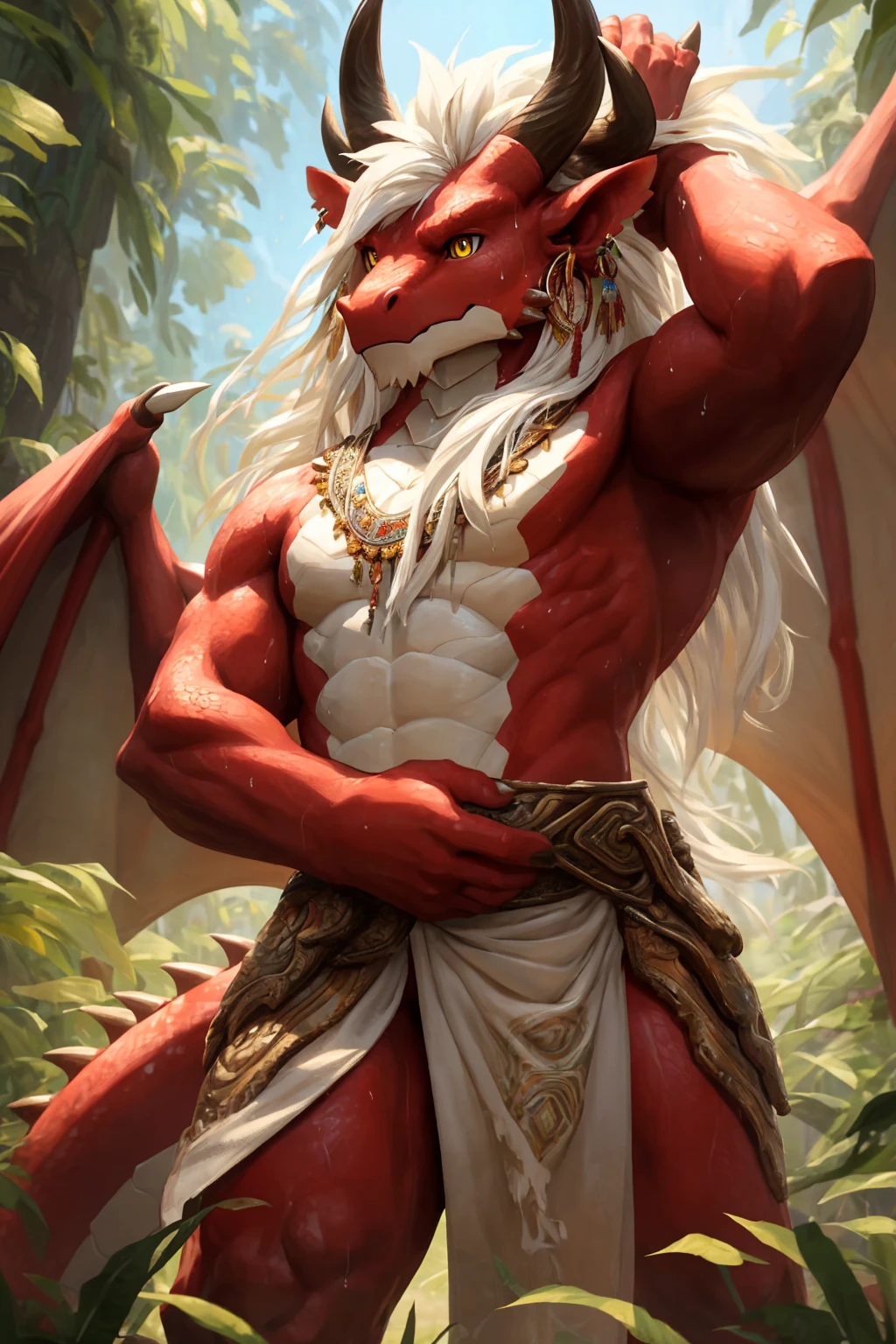 ultra-detailed, masterpiece, masterwork, high quality, best quality, hdr, (nature), nsfw, male, solo, dragon, ((nude)), chibi, (little red body minotaur), (white body), (long golden hair, yellow eyes), standing, front view, dynamic angle, (foreskin, perfect balls), public hair, (cross your arms), earrings