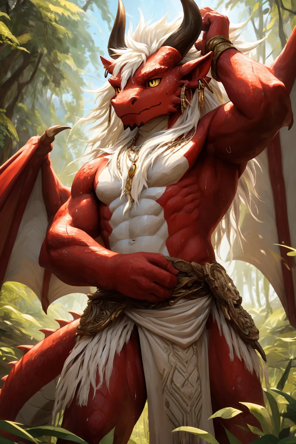 ultra-detailed, masterpiece, masterwork, high quality, best quality, hdr, (nature), nsfw, male, solo, chibi, dragon, ((nude, white loincloth)), (little red body minotaur), (white body), (long golden hair, yellow eyes, cool eyes), standing, cross your arms, dynamic angle, earrings, sweat