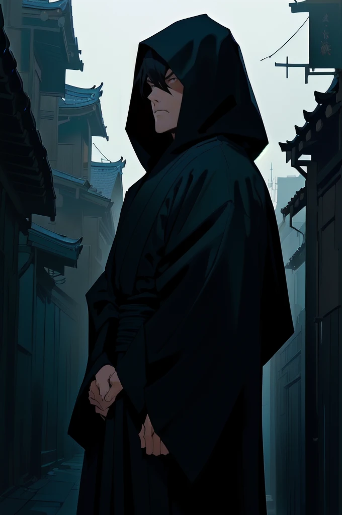 hooded man in a dark alley with a pagoda in the background, wearing dark robe, non-style artwork by guweiz, wearing a black robe, little detailed. digitalpainting, wearing a black robe, concept art of a monk, wearing dark robes, anime digital illustration, camouflaged, mystical ninja, dark robe, wearing a black cape, wearing flowing robes