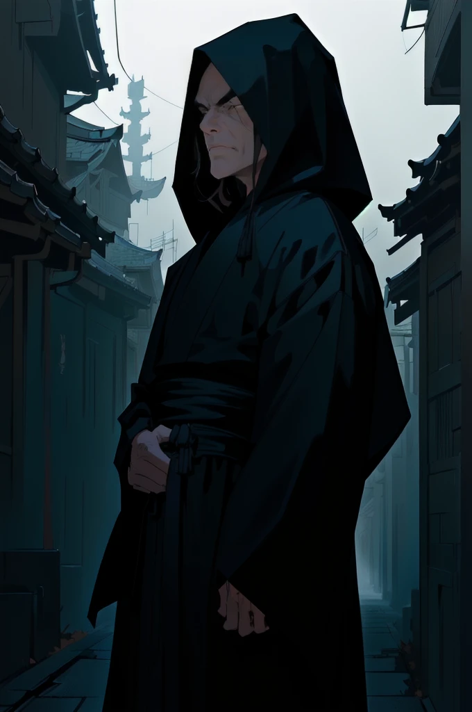 hooded man in a dark alley with a pagoda in the background, wearing dark robe, non-style artwork by guweiz, wearing a black robe, little detailed. digitalpainting, wearing a black robe, concept art of a monk, wearing dark robes, anime digital illustration, camouflaged, mystical ninja, dark robe, wearing a black cape, wearing flowing robes