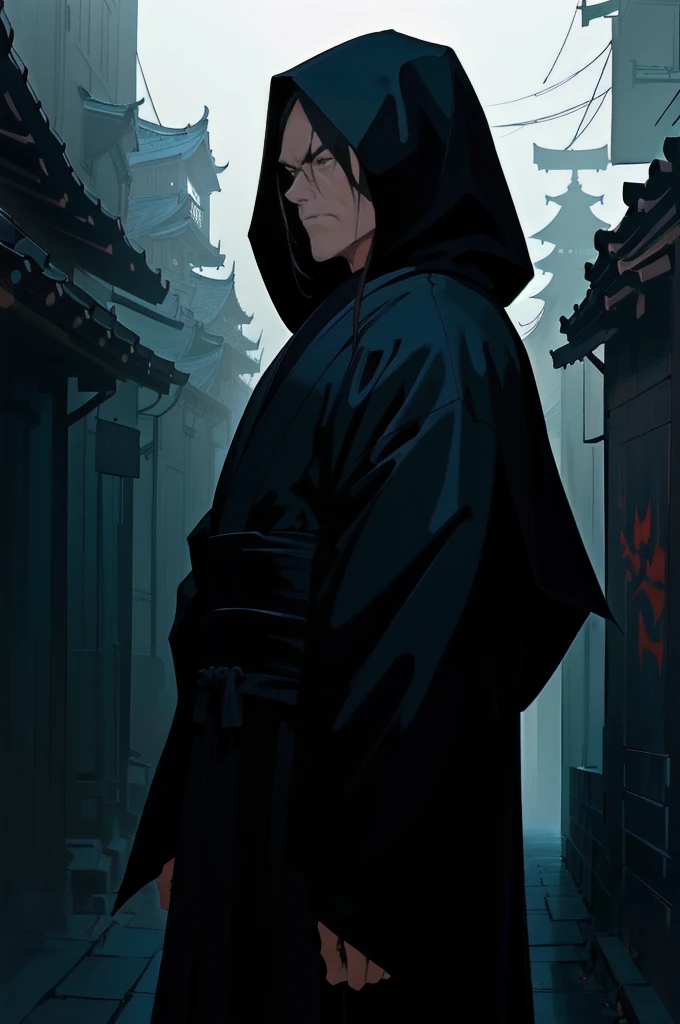 hooded man in a dark alley with a pagoda in the background, wearing dark robe, non-style artwork by guweiz, wearing a black robe, little detailed. digitalpainting, wearing a black robe, concept art of a monk, wearing dark robes, anime digital illustration, camouflaged, mystical ninja, dark robe, wearing a black cape, wearing flowing robes