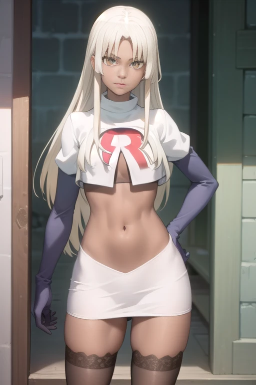 photorealistic, (4k), depth of field, (Masterpiece), (realistic skin texture), extremely detailed, intricate, hyper detailed, professional photography, high resolution, sharp detail, best quality, woman, tanned skin, long hair, blonde hair, yellow eyes, , solo, team rocket,team rocket uniform, red letter R, white skirt,white crop top,black thigh-highs,black elbow gloves