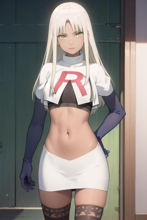 photorealistic, (4k), depth of field, (Masterpiece), (realistic skin texture), extremely detailed, intricate, hyper detailed, professional photography, high resolution, sharp detail, best quality, woman, tanned skin, long hair, blonde hair, yellow eyes, , solo, team rocket,team rocket uniform, red letter R, white skirt,white crop top,black thigh-highs,black elbow gloves