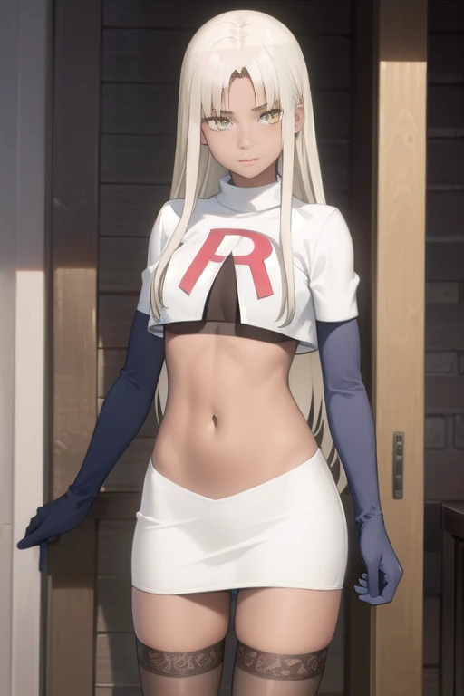 photorealistic, (4k), depth of field, (Masterpiece), (realistic skin texture), extremely detailed, intricate, hyper detailed, professional photography, high resolution, sharp detail, best quality, woman, tanned skin, long hair, blonde hair, yellow eyes, , solo, team rocket,team rocket uniform, red letter R, white skirt,white crop top,black thigh-highs,black elbow gloves