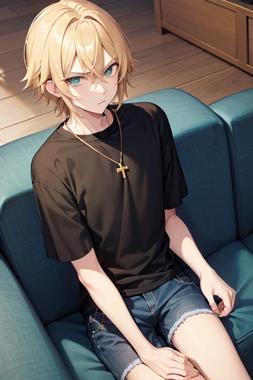Anime boy, glaring expression, with shoulder length blonde hair, green eyes, black T-shirt, blue jeans, gold cross necklace, sitting on couch