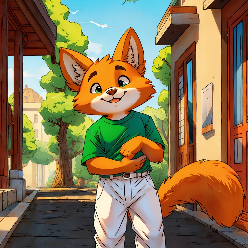Cute orange furry in green shirt and in a white pants