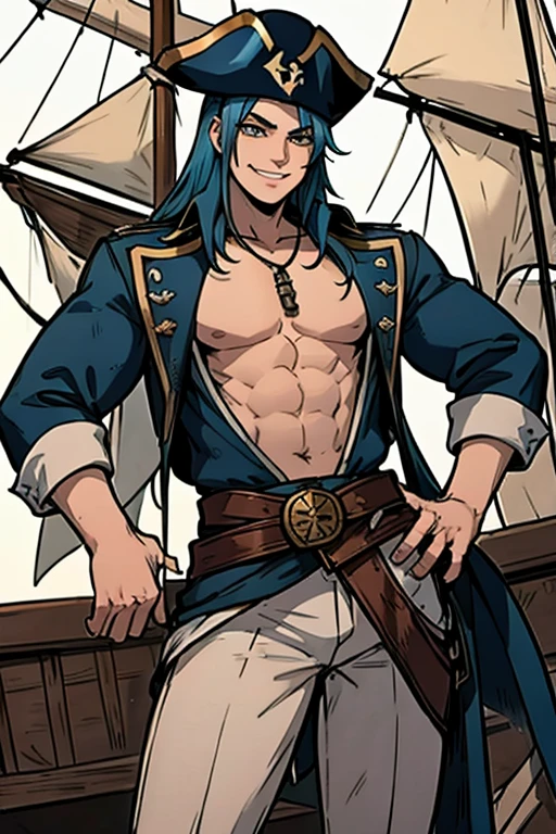 A muscular blue haired man with gray eyes and long hair in a pirate's outfit is drinking with a big smile on a pirate ship