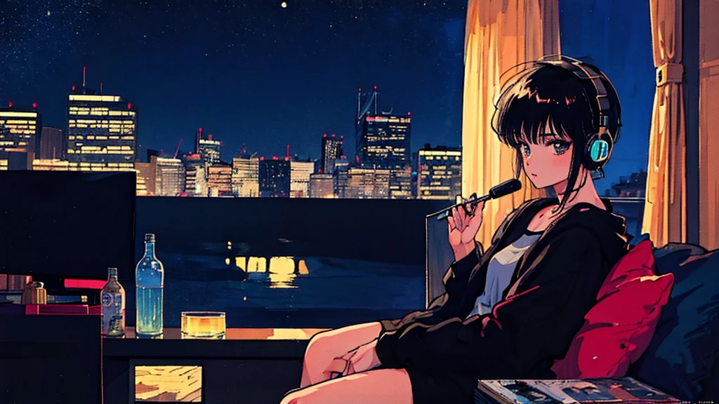 Black short Hair, Black Clothing, One Adult Woman Looking Sideways ,Blue headphones、 City of night, Delicate background、Masterpiece、Night Town、night、dark、Nostalgic、1980s, retro