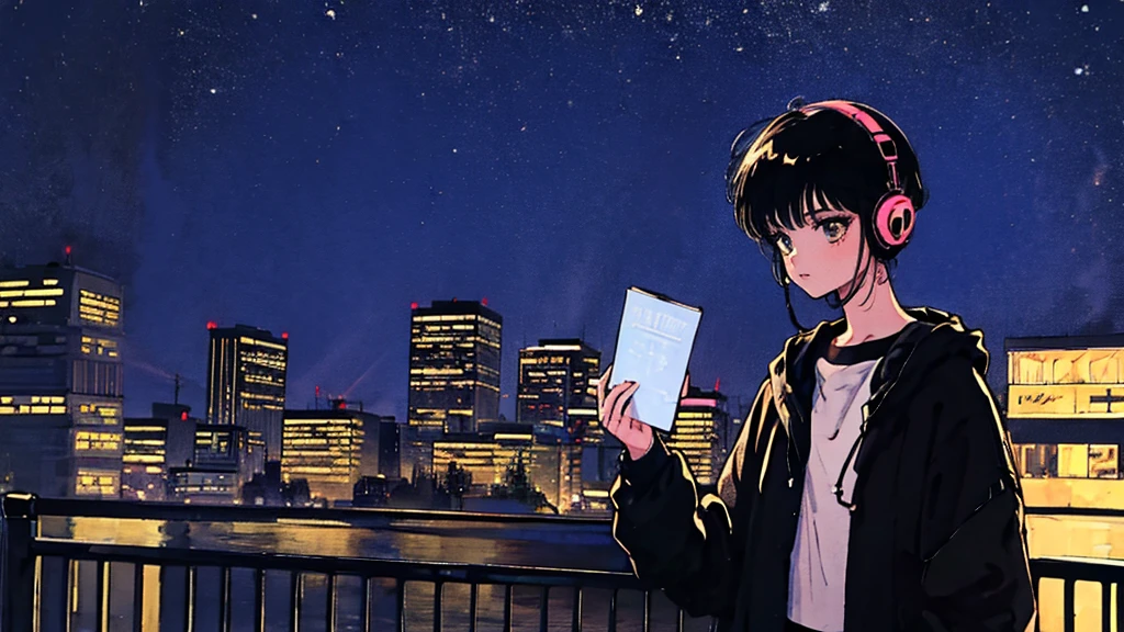 Black short Hair, Black Clothing, One Adult Woman Looking Sideways ,Blue headphones、 City of night, Delicate background、Masterpiece、Night Town、night、dark、Nostalgic、1980s, retro
