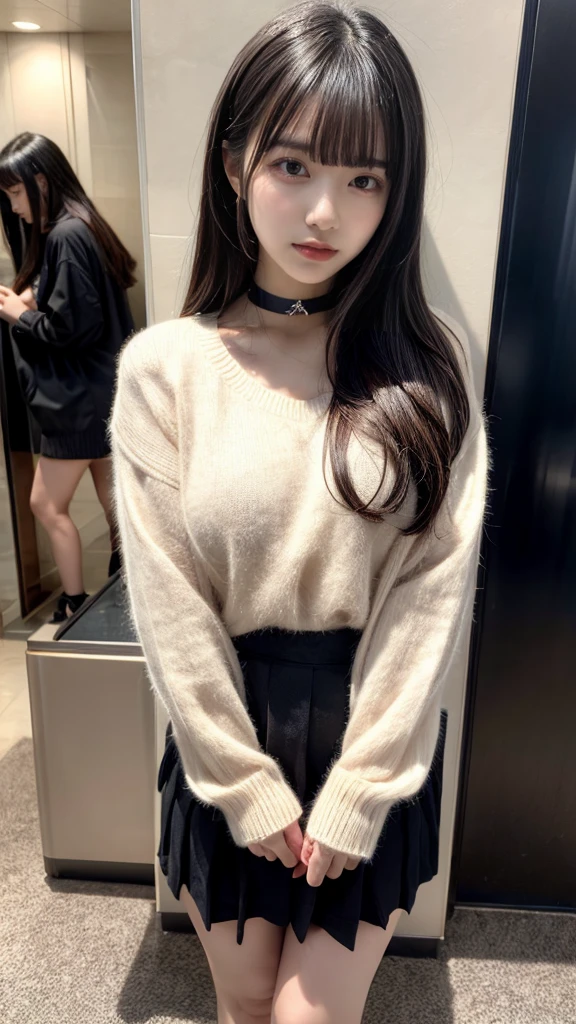 highest quality、8k、32k、masterpiece、Hmph:1.2)、One Girl、Girl with long hair、Beautiful Japanese Woman、Black-haired、Heavy bangs、Long sleeve shirt、Hair length、A fluffy white sweater、Don't expose it、D Cup,choker、plump breasts, large breasts, Bright red eyeliner、full body