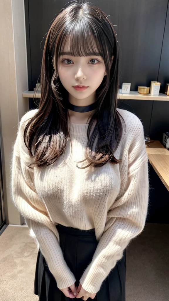 highest quality、8k、32k、masterpiece、Hmph:1.2)、One Girl、Girl with long hair、Beautiful Japanese Woman、Black-haired、Heavy bangs、Long sleeve shirt、Hair length、A fluffy white sweater、Don't expose it、D Cup,choker、plump breasts, large breasts, Bright red eyeliner、full body