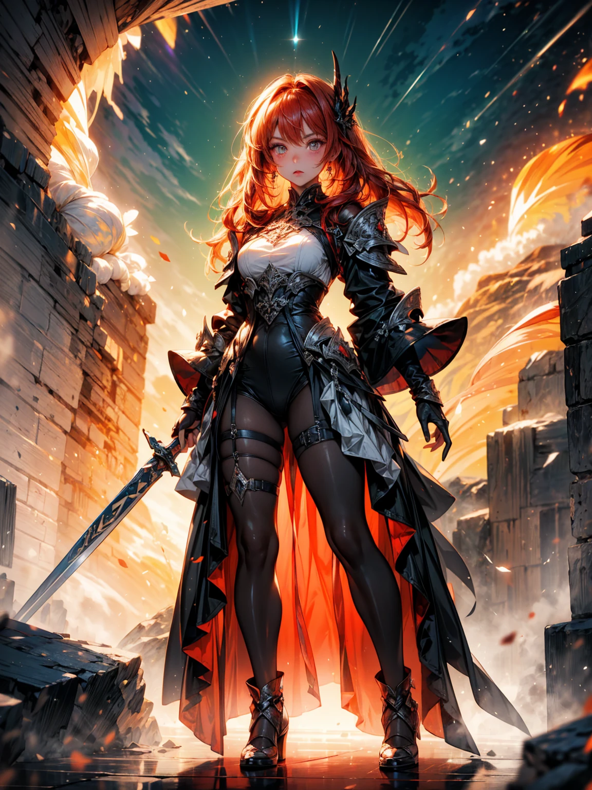 ((full body shot)) of a girl in regal, fire-themed armor with intricate gold and red details, standing in a blazing, volcanic landscape. She has long, flowing fiery red hair and intense, glowing amber eyes. Her skin has a warm, sun-kissed hue, and she is adorned with molten lava-like patterns. She holds a majestic sword engulfed in roaring flames, casting a bright, fiery light. The atmosphere is {intense|majestic}, with lava flows and embers illuminating the scene. The ground beneath her is cracked, molten earth, reflecting the intense light and adding to the fiery ambiance. Surrounding her are jagged rocks and bursts of flame in shades of {red|orange}, casting a fierce, incandescent glow. The background features towering volcanic peaks and a sky filled with ash and smoke, hinting at a powerful, fiery kingdom. The scene is dynamic and awe-inspiring, with her face showing a determined yet regal expression, her eyes focused intently on her blazing domain.

[Best quality], [Masterpiece], [Ultra-detailed], [4k], {intense|majestic} atmosphere, fiery kingdom, {dynamic pose|regal pose}, blazing illumination, {soft shadows|dramatic lighting}, {reflected light on molten earth:0.7}, {jagged rocks:0.6}, {bursts of flame:0.5}, {volcanic peaks:0.4}, {ash-filled sky:0.3}.