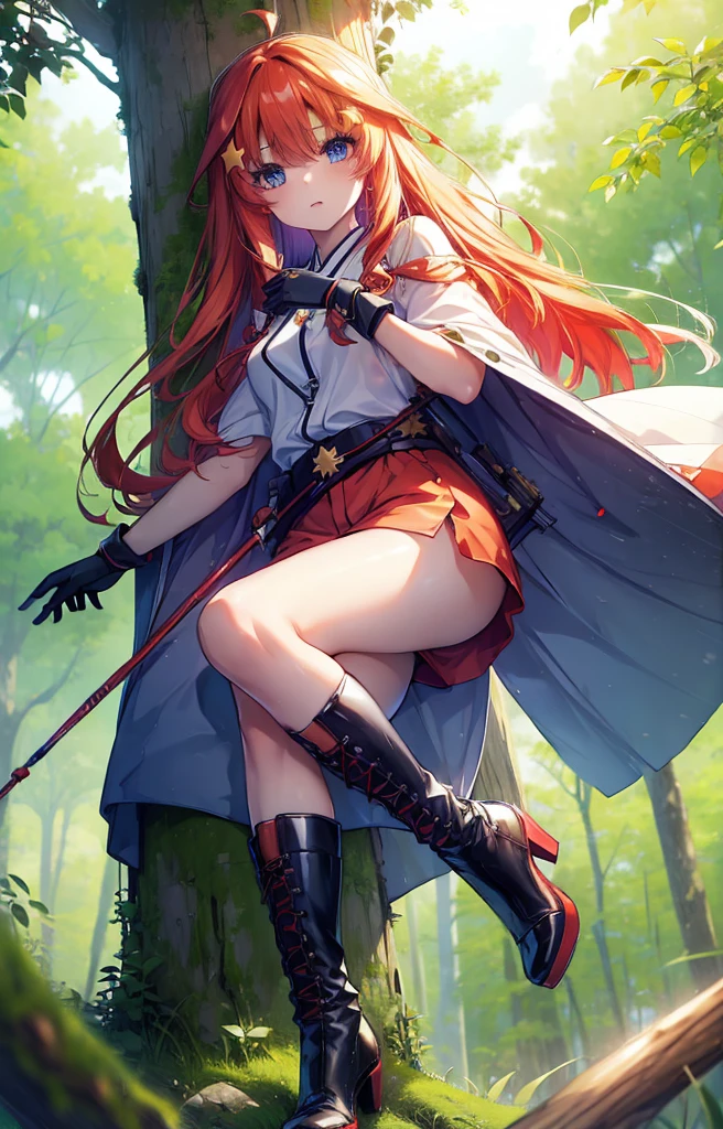 itsukinakano, itsuki nakano, bangs, blue eyes, Hair between the eyes, Redhead, star \(symbol\), hair ornaments, star hair ornaments,Long Hair,Owns an archery grip in the right hand,Carrying an archery bag,He has a quiver on one side, boots, Cape,gloves, red Knee socks, High heels, Shorts, Knee socks,whole bodyがイラストの中に入っていくように,歩いている
break outdoors, forest,forest林, break looking at viewer,whole body, 
break (masterpiece:1.2), Highest quality, High resolution, unity 8k wallpaper, (shape:0.8), (Fine and beautiful eyes:1.6), Highly detailed face, Perfect lighting, Highly detailed CG, (Perfect hands, Perfect Anatomy),