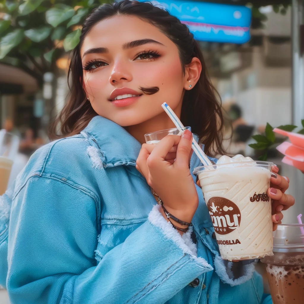 a woman holding a cup of coffee and a straw in her hand, isabela moner, with a straw, drinking an iced strawberry latte, milkshake, Anna Nikonova aka Newmilky, profile image, holding a drink, fluffy woman, cerveja madison, instagram model, having a coffee, drinking boba tea, retrato sophie mudd, absolutely, cerveja madison girl portrait