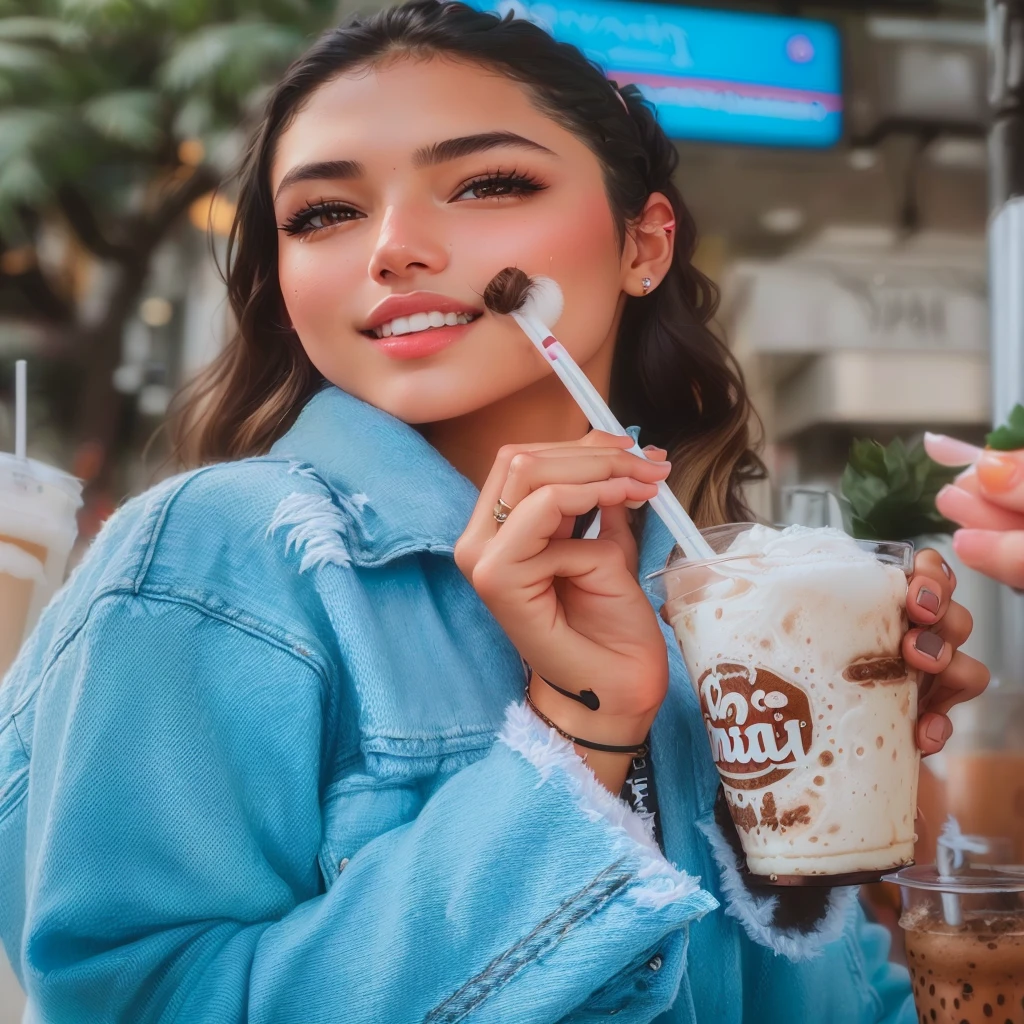 a woman holding a cup of coffee and a straw in her hand, isabela moner, with a straw, drinking an iced strawberry latte, milkshake, Anna Nikonova aka Newmilky, profile image, holding a drink, fluffy woman, cerveja madison, instagram model, having a coffee, drinking boba tea, retrato sophie mudd, absolutely, cerveja madison girl portrait