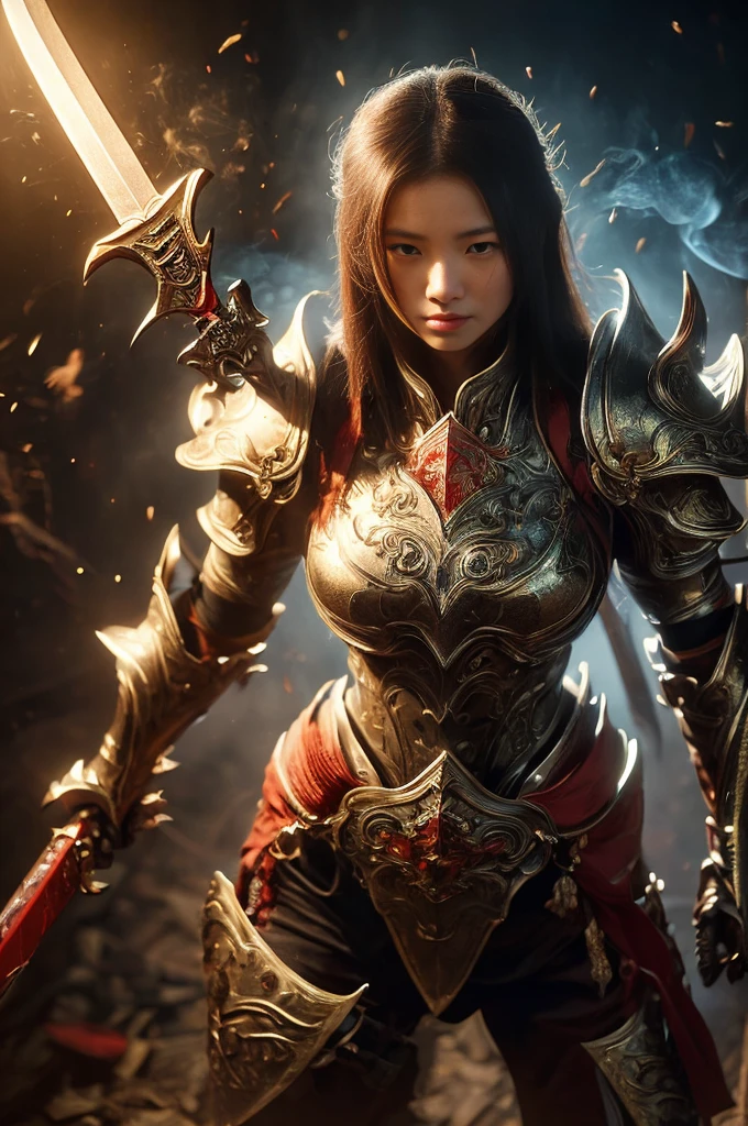 (((Realistic, masterpiece, Highest quality, Sharp details, High resolution, High detail, Sharp focus, Perfect studio lighting))), 17 year old Chinese girl, Wearing heavy golden armor, Chinese style armor, full body armor, Fully decorated armor, Straight long hair, Ideal body, Large Breasts, dirty, sweating, Bloody Face, bloody armor, genocide, genocide, Showing a long sword smeared with blood, Epic War, Fire everywhere, Smoke everywhere, Covered in blood, Death is everywhere, Surrounded by enemies, Japan Edo Period, Background of the brutal war, Path of War, war zone, Battlegrounds