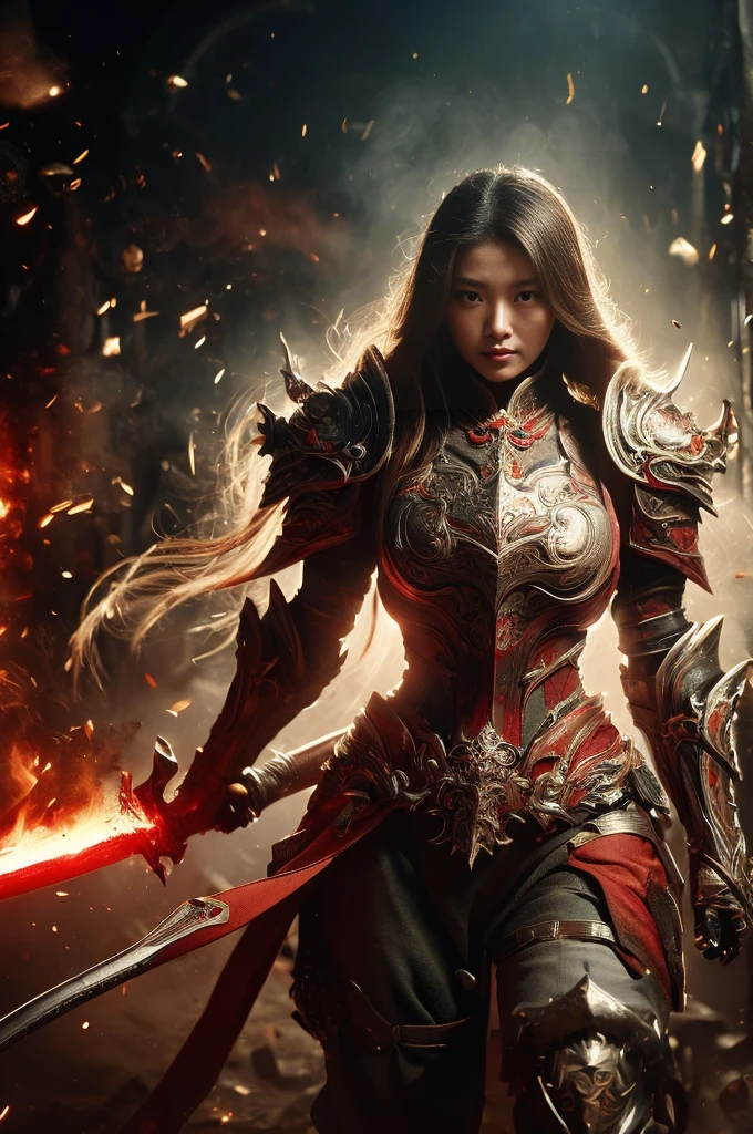(((Realistic, masterpiece, Highest quality, Sharp details, High resolution, High detail, Sharp focus, Perfect studio lighting))), 17 year old Chinese girl, Wearing heavy golden armor, Chinese style armor, full body armor, Fully decorated armor, Straight long hair, Ideal body, Large Breasts, dirty, sweating, Bloody Face, bloody armor, genocide, genocide, Showing a long sword smeared with blood, Epic War, Fire everywhere, Smoke everywhere, Covered in blood, Death is everywhere, Surrounded by enemies, Japan Edo Period, Background of the brutal war, Path of War, war zone, Battlegrounds