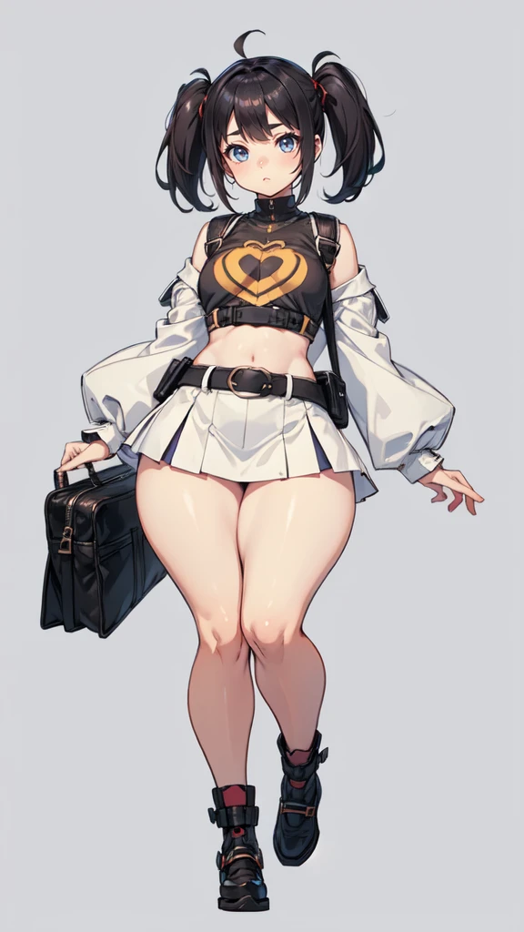 blank background, (((full body))), (masterpiece), ((best quality)), (very short girl), flat chest, short twintail, (wide hips:1.4), (thick thighs:1.4), (very short skirt), toeless footwear, belt below navel, fanny packs, bags