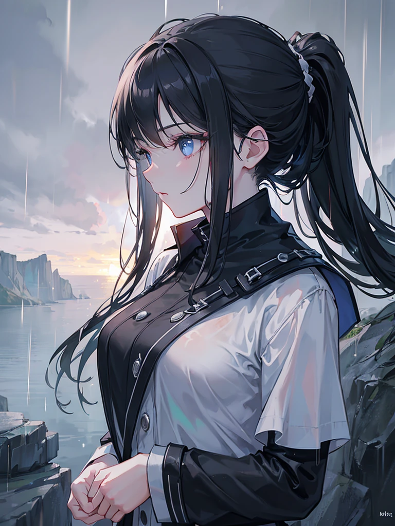 1 girl standing on the edge of a cliff, rain, long black hair in high ponytail, side profile, hands in pockets, atmospheric lighting, cinematic, dramatic, moody, realistic, beautiful detailed eyes, beautiful detailed lips, extremely detailed face and features, ultra-detailed, 8k, best quality, masterpiece, photorealistic，hands in pockets