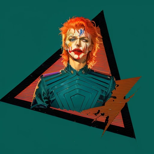there is a man with a red hair and a blue shirt, an anime portrait of david bowie, portrait of david bowie, david bowie, space oddity, 8 0 s art, in style of 80s sci-fi art, david bowie as the joker, by Ray Howard-Jones, 8 0's vintage sci - fi style, iconic film character