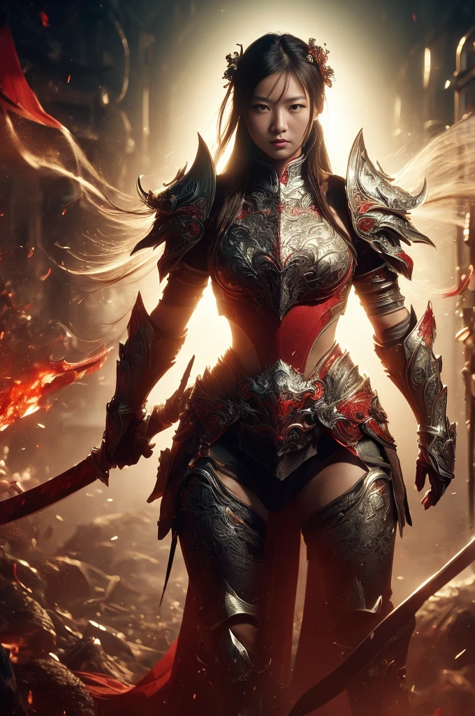 beautiful lady, subtle makeup, photorealistic, high contrast, 8k HD, detailed, hyper-detailed, realistic skin texture, perfect anatomy, perfect female body,
long hair, various hair styles, various hair color, big breast, perfect nose, blue eyes, glowing eyes,
best quality, ultra high res, raw photo, diffuse glow, full body angelic armor, cape, holding sword,
stylish pose, medieval theme