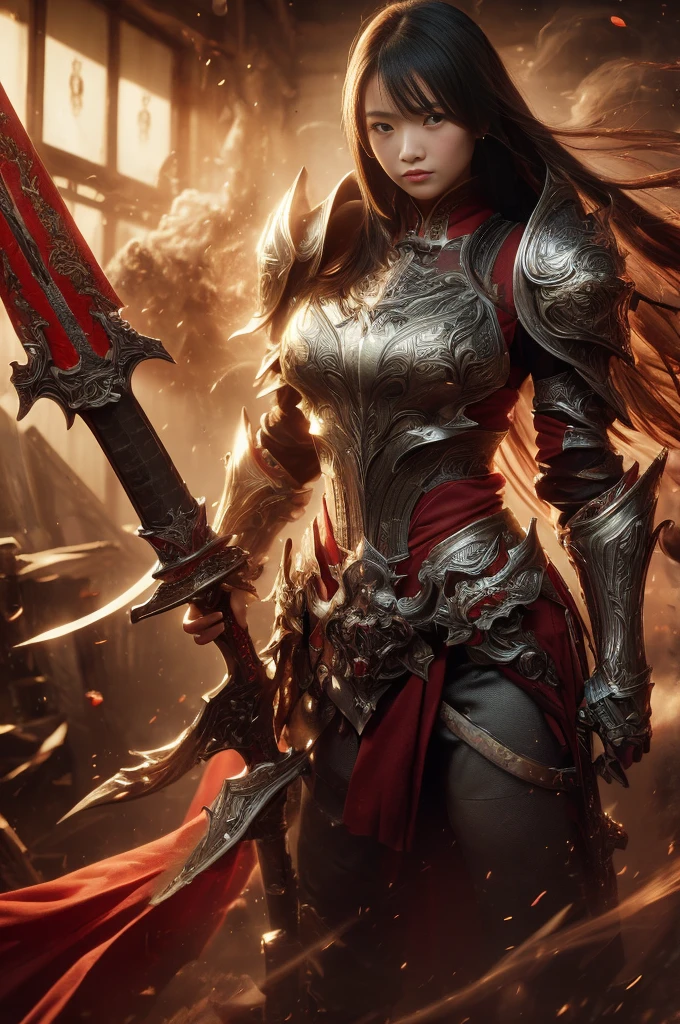 ((Realistic, masterpiece, Highest quality, Sharp details, High resolution, High detail, Sharp focus, Perfect studio lighting))), 17 year old Chinese girl, Wearing heavy golden armor, Chinese style armor, full body armor, Fully decorated armor, Straight long hair, Ideal body, Large Breasts, dirty, sweating, Bloody Face, bloody armor, genocide, genocide, Showing a long sword smeared with blood, Epic War, Fire everywhere, Smoke everywhere, Covered in blood, Death is everywhere, Surrounded by enemies, Japan Edo Period, Background of the brutal war, Path of War, war zone, Battlegrounds
