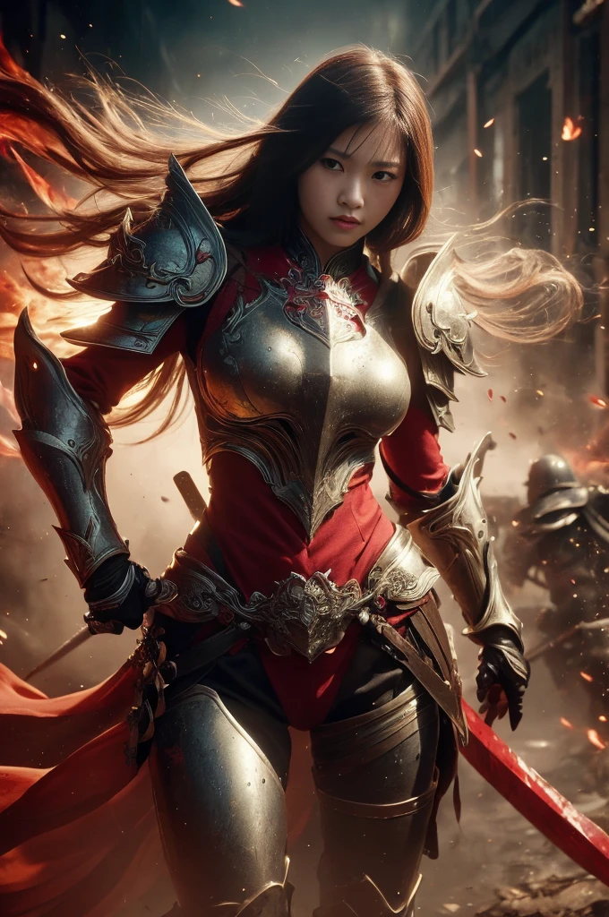((Realistic, masterpiece, Highest quality, Sharp details, High resolution, High detail, Sharp focus, Perfect studio lighting))), Chinese girl, Wearing heavy golden armor, Chinese style armor, full body armor, Fully decorated armor, Straight long hair, Ideal body, Large Breasts, dieating, Bloody Face, bloody armor, genocide, genocide, Showing a long sword smeared with blood, Epic War, Fire everywhere, Smoke everywhere, Covered in blood, Death is everywhere, Surrounded by enemies, Japan Edo Period, Background of the brutal war, Path of War, war zone, Battlegrounds