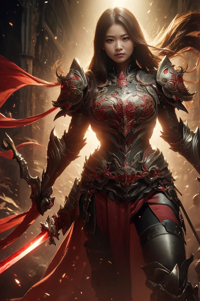 ((Realistic, masterpiece, Highest quality, Sharp details, High resolution, High detail, Sharp focus, Perfect studio lighting))), 17 year old Chinese girl, Wearing heavy golden armor, Chinese style armor, full body armor, Fully decorated armor, Straight long hair, Ideal body, Large Breasts, dirty, sweating, Bloody Face, bloody armor, genocide, genocide, Showing a long sword smeared with blood, Epic War, Fire everywhere, Smoke everywhere, Covered in blood, Death is everywhere, Surrounded by enemies, Japan Edo Period, Background of the brutal war, Path of War, war zone, Battlegrounds
