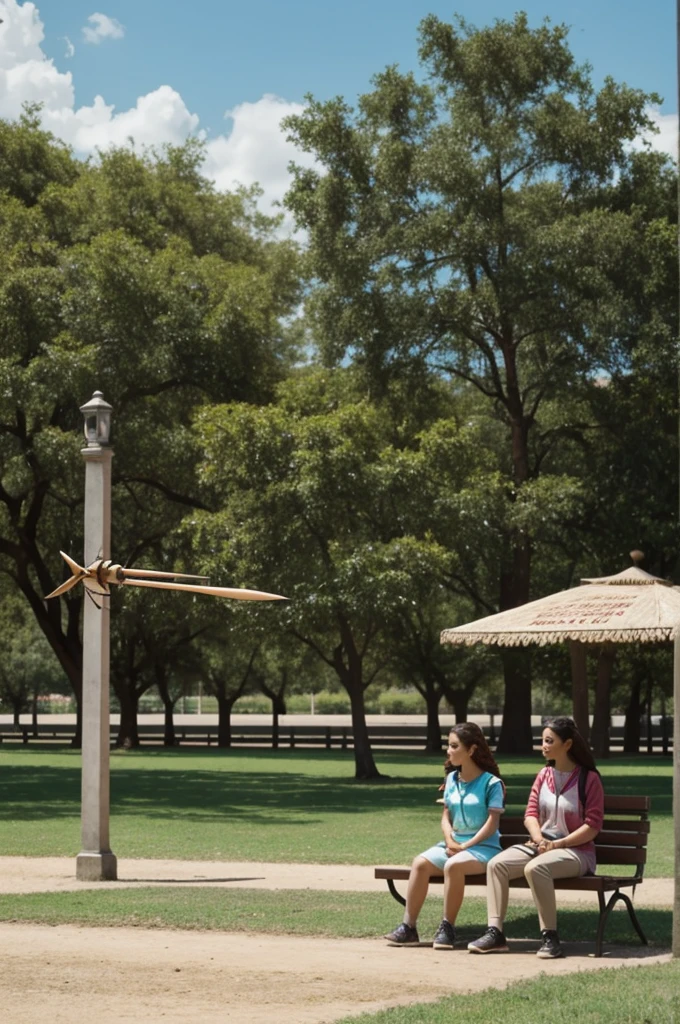 scenery: a park, two characters (Well y Laura) sitting on a bench.
Bocadillo*: Well: "Did you know what Carla did yesterday??"
kinetic sign*: Flechas señalando a Well y Laura para identificarlas. animated style 