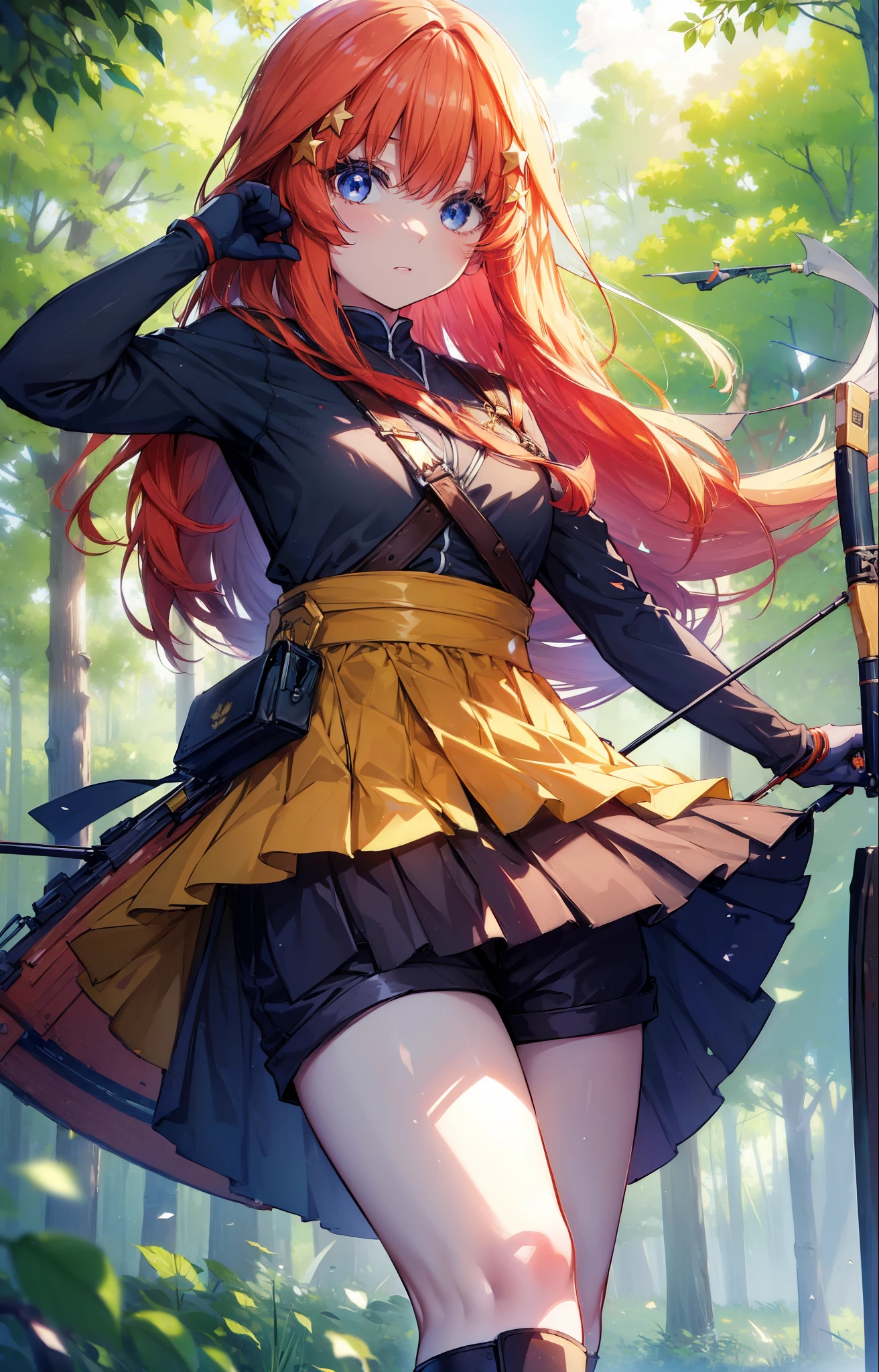 itsukinakano, itsuki nakano, bangs, blue eyes, Hair between the eyes, Redhead, star \(symbol\), hair ornaments, star hair ornaments,Long Hair,Owns an archery grip in the right hand,Carrying an archery bag,He has a quiver on one side, boots, Cape,gloves, red Knee socks, High heels, Shorts, Knee socks,whole bodyがイラストの中に入っていくように,歩いている
break outdoors, forest,forest林, break looking at viewer,whole body,
break (masterpiece:1.2), Highest quality, High resolution, unity 8k wallpaper, (shape:0.8), (Fine and beautiful eyes:1.6), Highly detailed face, Perfect lighting, Highly detailed CG, (Perfect hands, Perfect Anatomy),