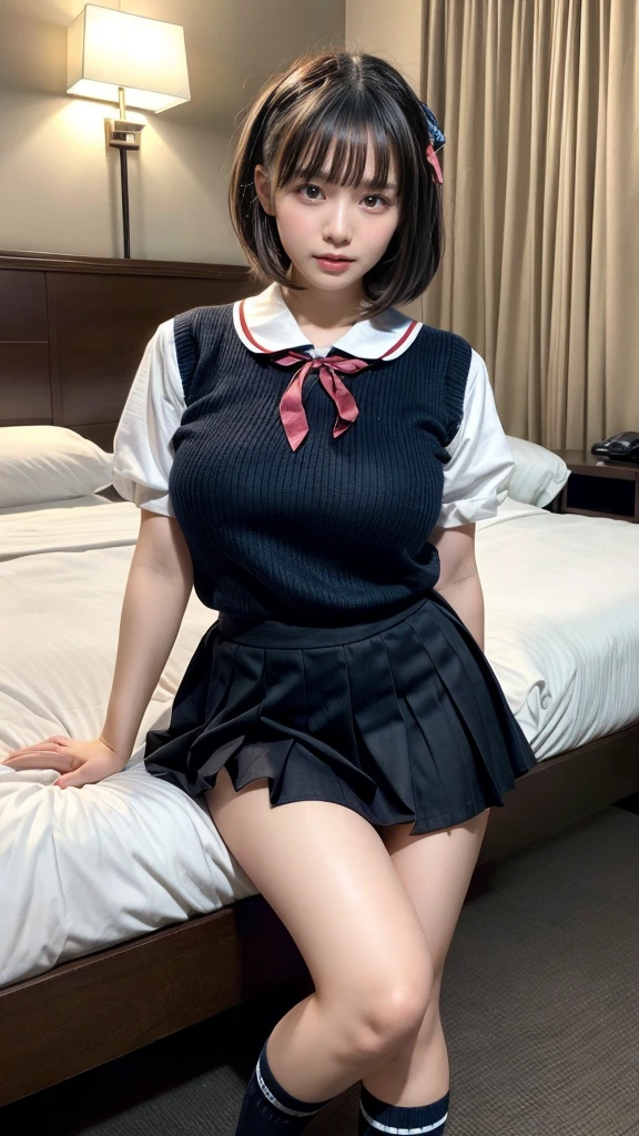 masterpiece, best quality, illustration, Super detailed, fine details, High resolution, 8K,wall paper, perfect dynamic composition,(Details High quality, realistic depiction of eyes:1.3), Black Sailor Uniform, serafuku, Navy pleated skirt, huge breasts, short bob hair, black hair color, Big Natural Color Lip, bold sexy pose, crying a little、 Harajuku style、20 year old girl、cute type、lolita、beautiful legs, hotel room, full body photo、focus on crotch, hposing Gravure Idol