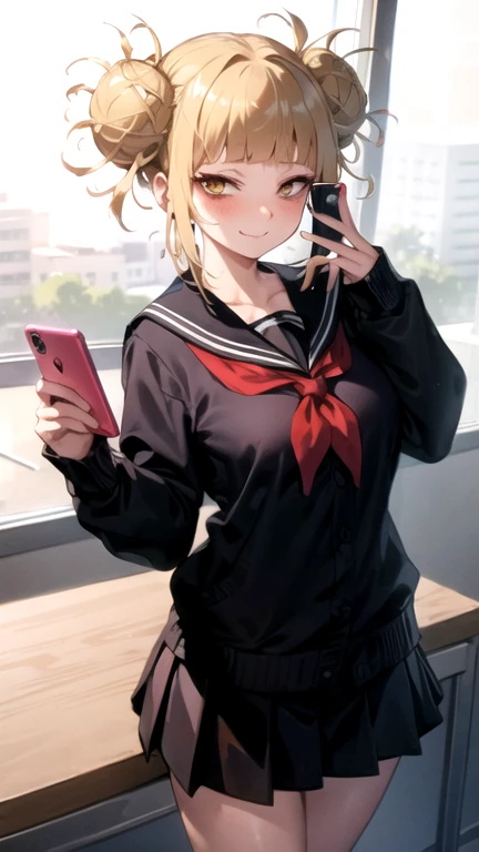 a young anime girl in a  holding a phone , 1girl, toga himiko, solo, skirt, blonde hair, double bun, phone, hair bun, neckerchief, holding, blush, pleated skirt, bangs, indoors, , holding phone, long sleeves, looking at viewer, cardigan, cellphone, red neckerchief, black skirt, breasts, sidelocks, sailor collar, yellow eyes, classroom, smartphone, serafuku, closed mouth