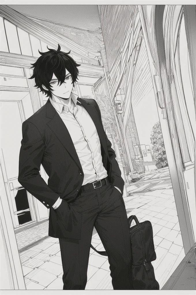 masterpiece, best quality, 1man, uniform, hand in pocket, school bag, black hair, black eyes,  cyberpunk, street,  monochrome, lineart, Santiago is a man of striking presence, with shaggy black hair that falls over her pale skin. Your eyes are deep and intense, reflecting a mixture of mystery and sadness. He wears dark clothes that highlight his slim, elegant figure., emanating an aura of danger and seduction. Your voice is hoarse and engaging, able to attract and captivate those around you, adding a seductive element to your enigmatic personality.