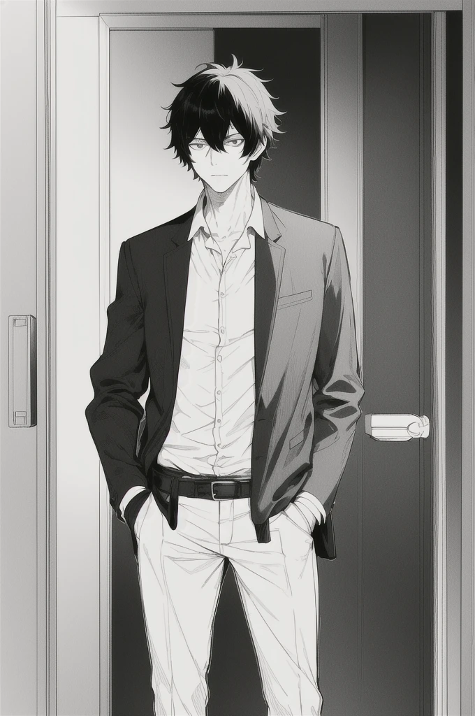masterpiece, best quality, 1man, uniform, hand in pocket, school bag, black hair, black eyes, cyberpunk, street, monochrome, lineart, Santiago is a man of striking presence, with shaggy black hair that falls over her pale skin. Your eyes are deep and intense, reflecting a mixture of mystery and sadness. He wears dark clothes that highlight his slim, elegant figure., emanating an aura of danger and seduction. Your voice is hoarse and engaging, able to attract and captivate those around you, adding a seductive element to your enigmatic personality.
