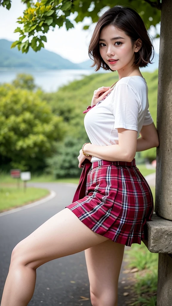 nsfw, 8K raw photo, Best quality, masterpiece, ultra high res, film grain, filmg, 1girl, looking at viewer, natural skin texture, realistic eye and face details, full lips, lipstick, (makeup), red eyeshadow, fluffy short hair, messy hair, smile, close mouth, beautiful legs, tall female, skinny, slim_legs, solo, small breast, cleavage, Pose with buttocks facing you, pink floral pattern bra, ass, shirt, beautiful nature location, around flower location, (detailed background), plaid skirt, white shirt, enormous breast, cleavage, Show a little cleavage through the shirt, loafers, blurry background, blurry, holding, plaid, short sleeves, jk ribbon on the neck, jk ribbon, brown hair, bracelet, water, bangs, , jewelry, red lips, lips, from side, red checkerboard lines miniskirt, depth of field