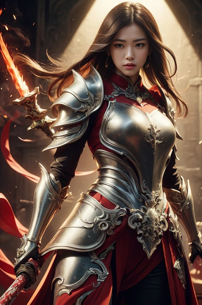 (((Realistic, masterpiece, Highest quality, Sharp details, High resolution, High detail, Sharp focus, Perfect studio lighting))), 17 year old Chinese girl, Wearing heavy golden armor, Chinese style armor, full body armor, Fully decorated armor, Straight long hair, Ideal body, Large Breasts, dirty, sweating, Bloody Face, bloody armor, genocide, genocide, Showing a long sword smeared with blood, Epic War, Fire everywhere, Smoke everywhere, Covered in blood, Death is everywhere, Surrounded by enemies, Japan Edo Period, Background of the brutal war, Path of War, war zone, Battlegrounds