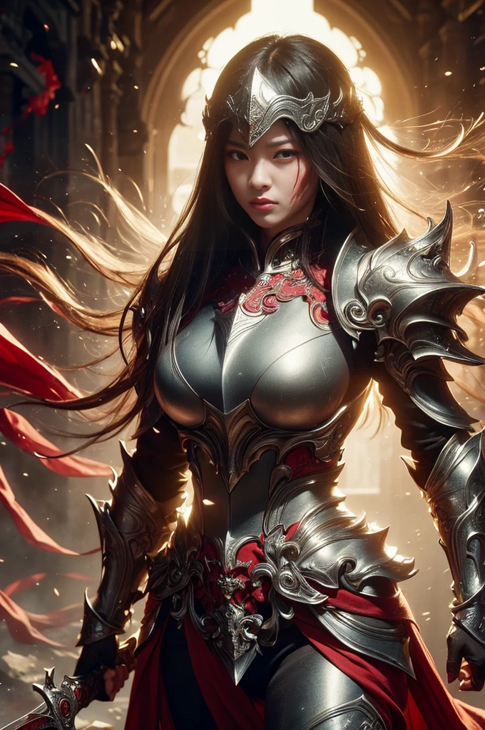 (((Realistic, masterpiece, Highest quality, Sharp details, High resolution, High detail, Sharp focus, Perfect studio lighting))), 17 year old Chinese girl, Wearing heavy golden armor, Chinese style armor, full body armor, Fully decorated armor, Straight long hair, Ideal body, Large Breasts, dirty, sweating, Bloody Face, bloody armor, genocide, genocide, Showing a long sword smeared with blood, Epic War, Fire everywhere, Smoke everywhere, Covered in blood, Death is everywhere, Surrounded by enemies, Japan Edo Period, Background of the brutal war, Path of War, war zone, Battlegrounds
