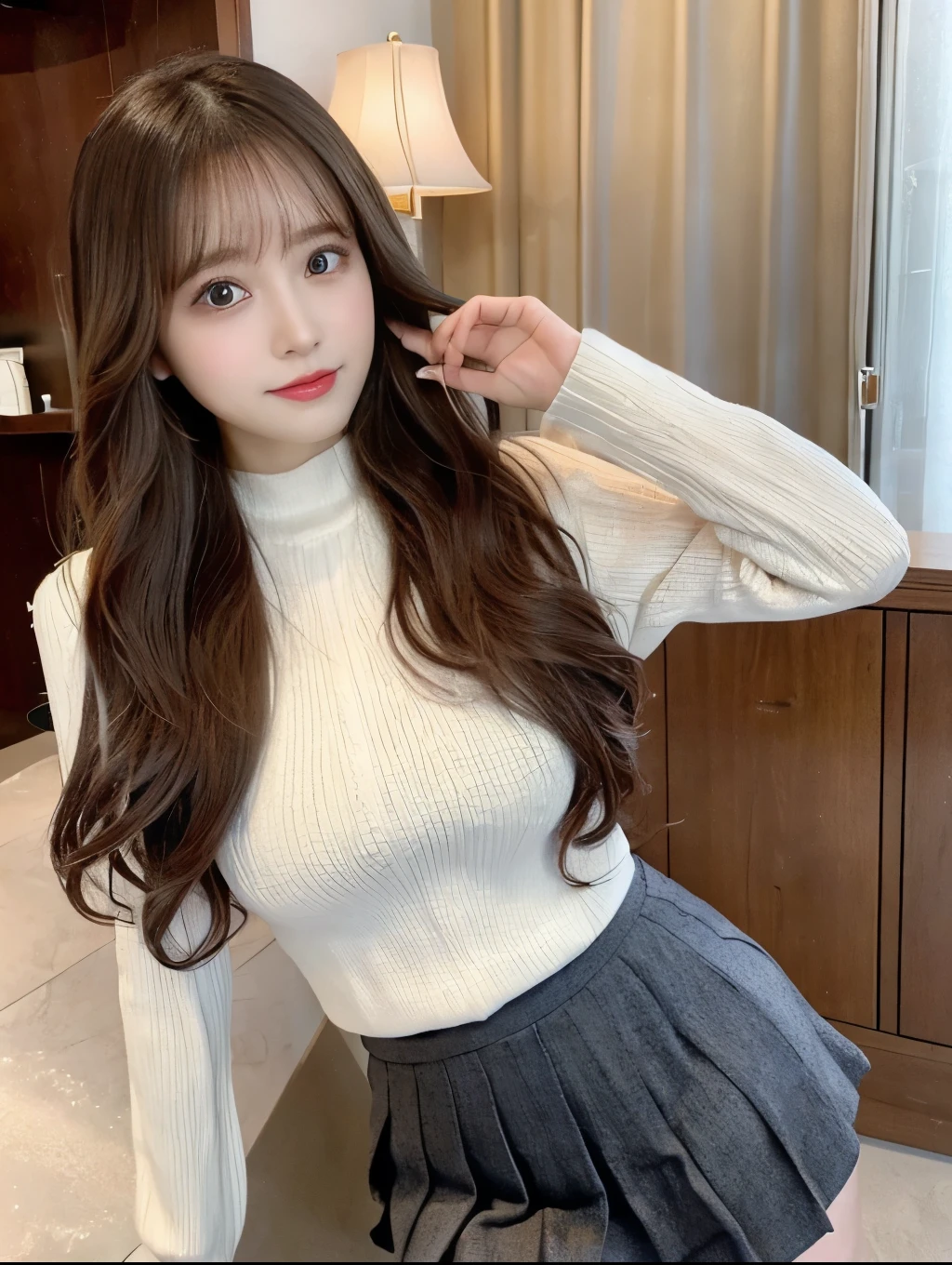 (Photorealistic、Masterpiece、Highest quality)、98k、wallpaper、One woman、(Full Body Shot:1.2)、Perfect Anatomy、(Detailed and perfect detail、Evenly balanced beautiful eyes)、Big eyes、Cute face、Fair skin、Wavy long hair、Random Hairstyles、18-year-old、Perfect body、Thin waist、Pleated mini skirt、Knitwear without sleeves、Large Breasts、(Knee-deep shots:1.2)