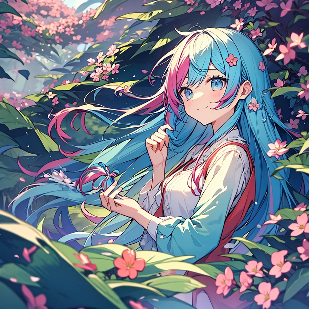 with colorful hair playing in a flowery forest