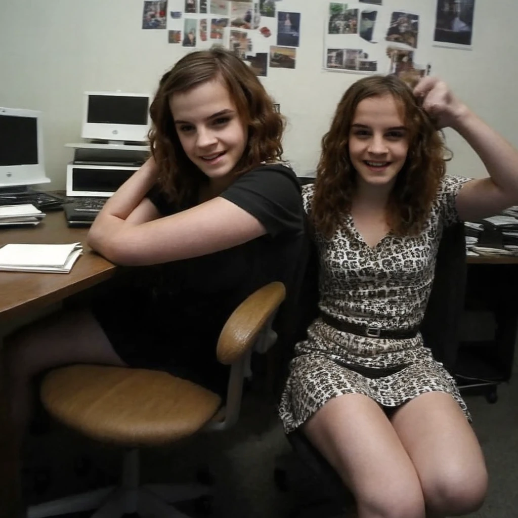 grainy,webcam photo,lowres,((Young Emma Watson)) posing for the camera,smiling,dirty dress,sitting on her desk chair in front of the computer,looking at the webcam camera,reddit,[r/altgonewild],bad aesthetic