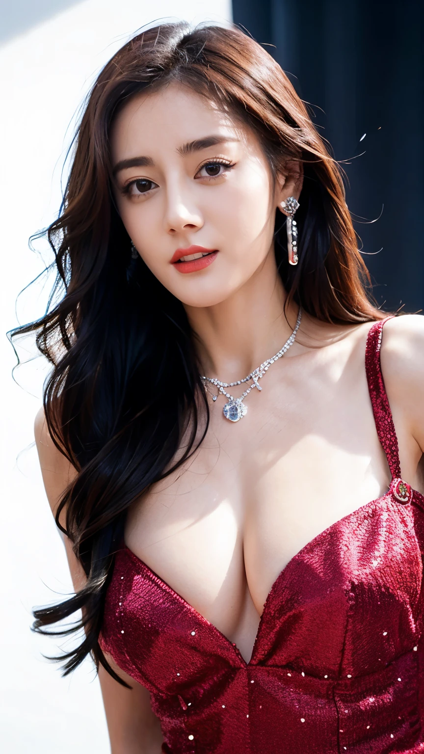 Ultra HD resolution,artistic photos,Photography,21year girl,earrings,long hair,Black background,Black backless dress,necklace,cowboy shot,H cup,Showing cleavage,Expose more breasts,Amazing breast size,Erect nipples,Expose the areola,Bigger breasts,Smooth and beautiful back,Completely bare back,Cold white skin,Big buttocks,Messy hair,Messy hair,Ruddy face