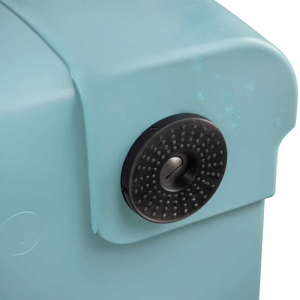 there is a blue suitcase with a black handle and a black knob, look at the details, clear detailed view, high quality detail, detailed zoom photo, high detail product photo, bottom angle, high angle close up shot, high quality details, high resolution details, very sharp details, close-up product photo, highly detailed image, highly detailed shot, detailed product photo