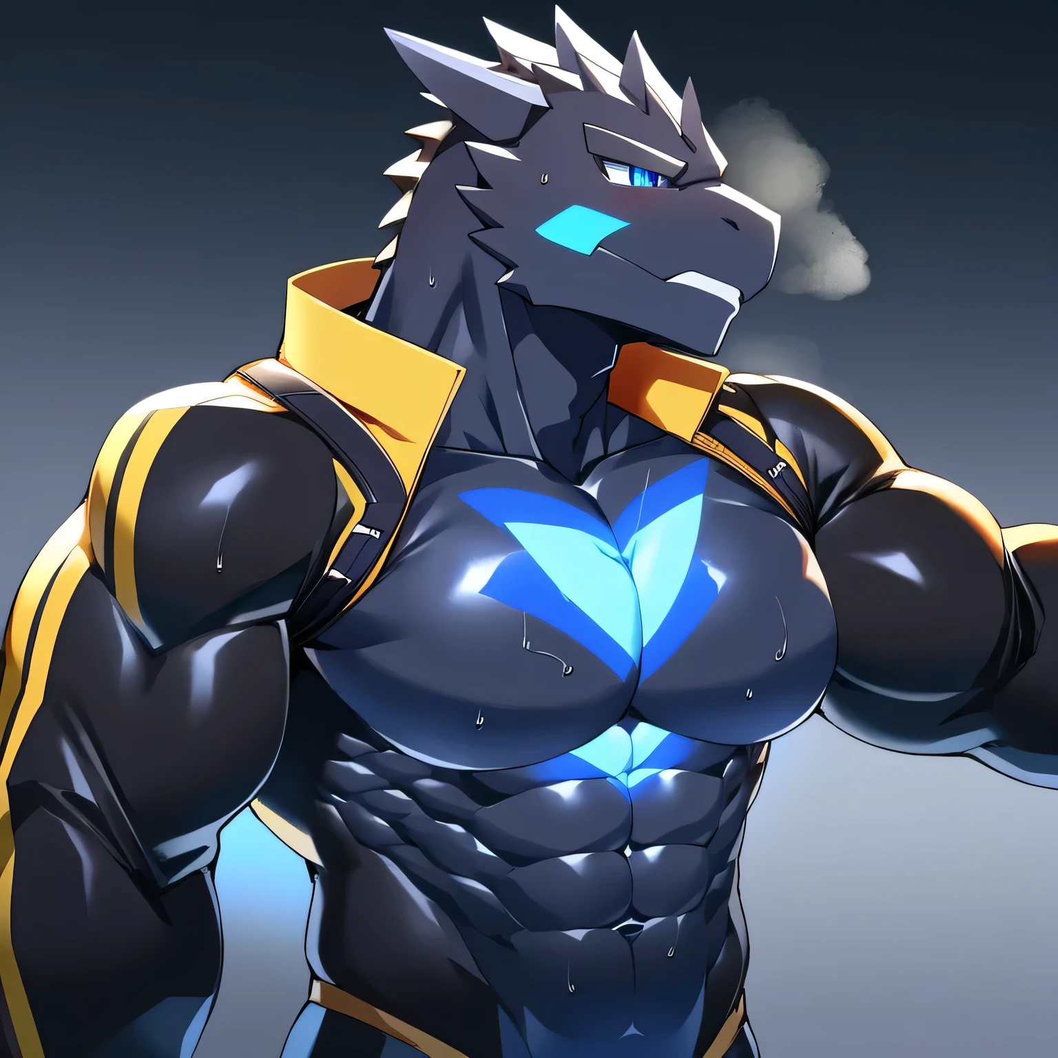 Thin macho　western black dragon　　abs　　　　　Hollow abs　　body suit　　thick arms　　　chest rig　　　、sweaty　　　skin glow　　profile　　Wearily　short of breath　　  　Chemo shota　　Chunky breasts　
have a 　blue eyes　Tired look　Glowing abs　Deep abdominals jacket　profile　One person　Jacket　Belly punch