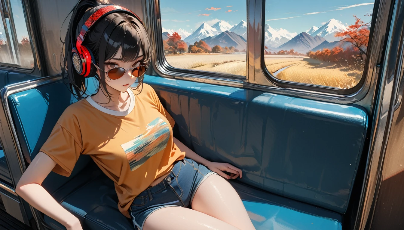 (((8K, Masterpiece, high resolution, highest quality, highest quality real texture skin))), ((wearing Japanese pattern headphones)), (((1 girl))), (((I sat on the train seat and stared out the big window.))), ((sunglasses)), (Japanese pattern Tシャツ, super mini shorts), (Black shiny hair, beige skin, ponytail), (surreal, digital painting)