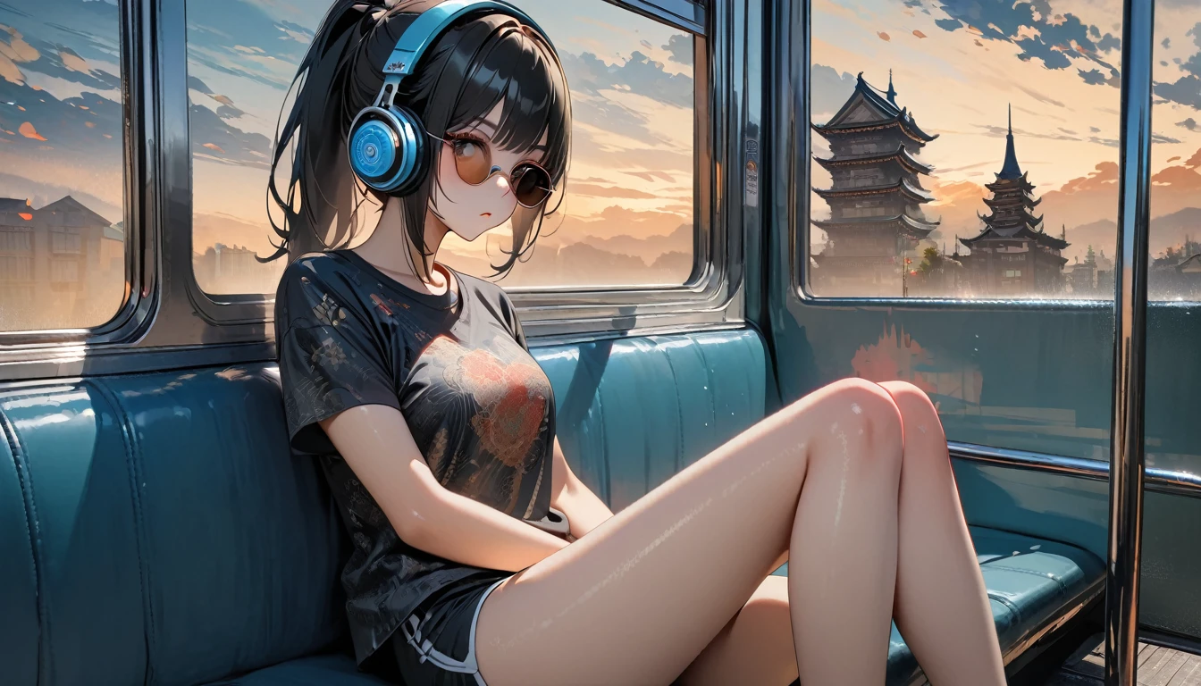 (((8K, Masterpiece, high resolution, highest quality, highest quality real texture skin))), ((wearing Japanese pattern headphones)), (((1 girl))), (((I sat on the train seat and stared out the big window.))), ((sunglasses)), (Japanese pattern Tシャツ, super mini shorts), (Black shiny hair, beige skin, ponytail), (surreal, digital painting)