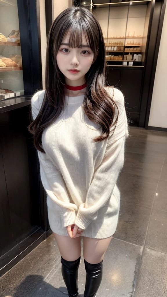 highest quality、8k、32k、masterpiece、Hmph:1.2)、One Girl、Girl with long hair、Beautiful Japanese Woman、Black-haired、Heavy bangs、Long sleeve shirt、Hair length、A fluffy white sweater、Don't expose it、D Cup,choker、plump breasts, large breasts, Bright red eyeliner、full body